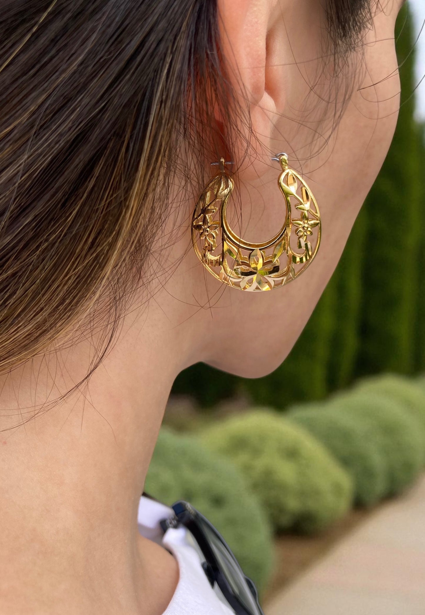 SPARROW floral basket hoop earrings, vintage-inspired statement hoops, bold fashion jewelry, trendy hoop earrings for women Vanessa Mooney Violet Hoop Earrings Child of Wild Spanish Fly Earrings