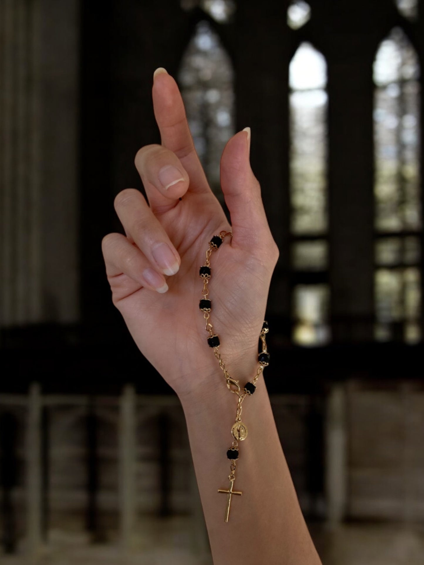 SPARROW rosary-style bracelet, black faceted cubic zirconia stones, Cross bracelet, Vanessa Mooney Rosary, Vanessa Mooney Rosary bracelet, Vanessa Mooney THE BLANCHE BRACELET