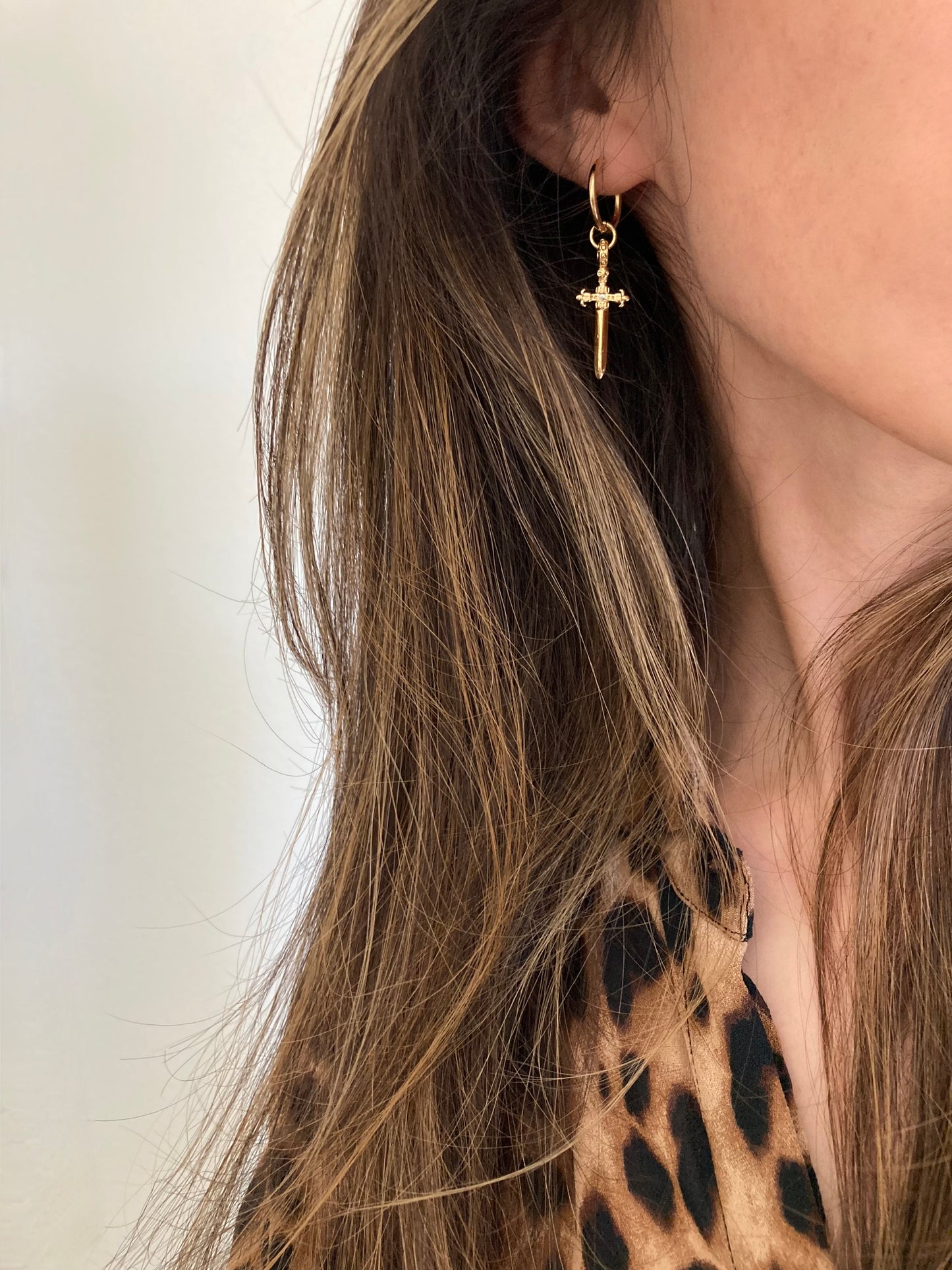 dagger earrings, sword earrings, dangle cross earrings, cross hoop earrings, dangle cross earrings for mens, gothic earrings, grunge earrings, Kinsley dagger earrings Vanessa mooney, Alexandra hoop earrings Vanessa mooney, Amparo rosary earrings