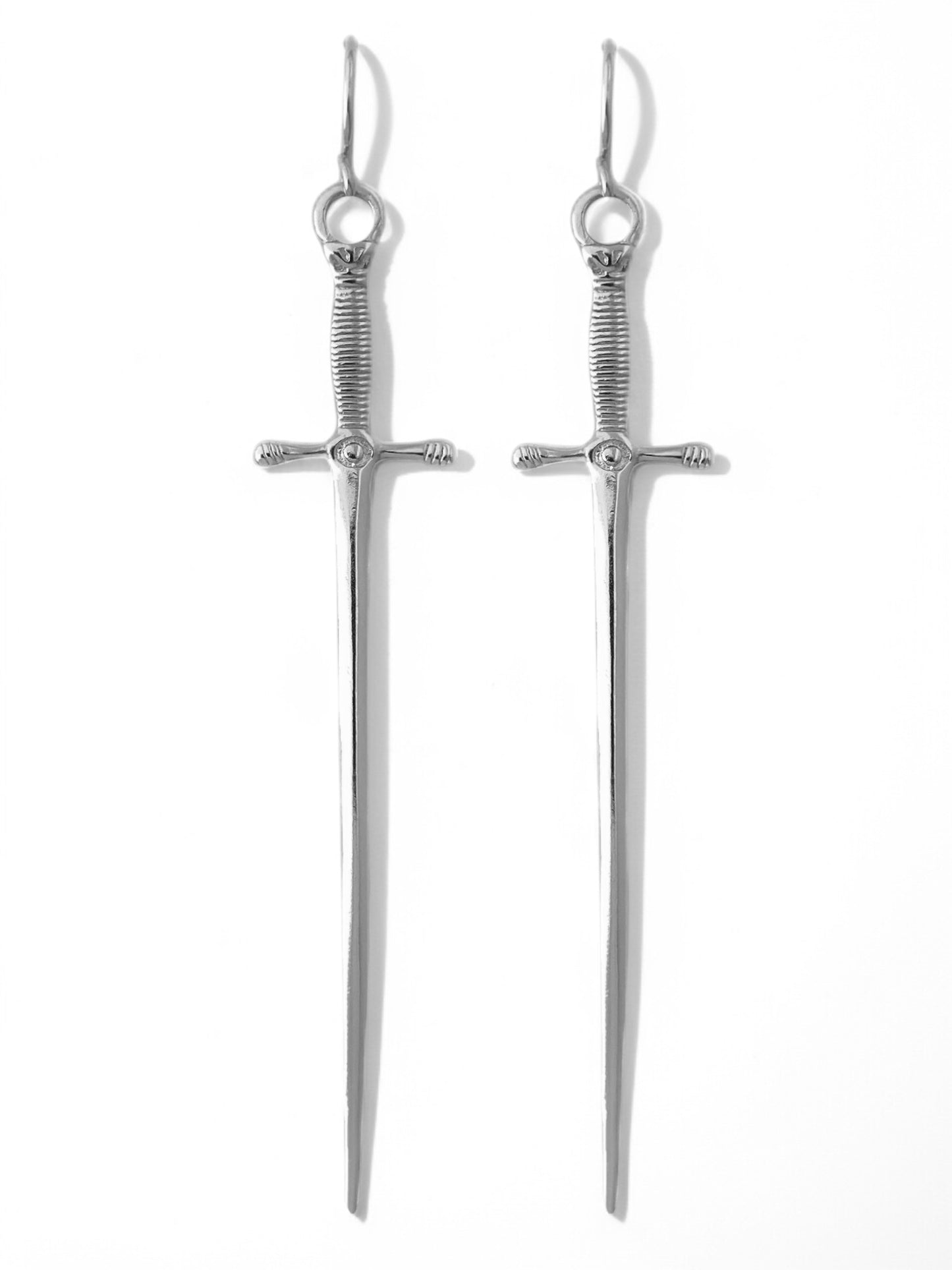 silver dagger earrings, gothic earrings, alternative earrings, punk statement earrings, edgy earrings, festival earrings, Halloween earrings, unisex earrings, statement jewelry, Vanessa mooney Amparo earrings, Alexandra hoop earrings