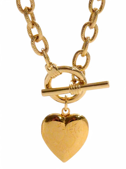 SPARROW heart locket necklace, gold cable chain, toggle clasp, vintage statement jewelry, romantic gift for her, Valentine's Day gift, trendy layering necklace