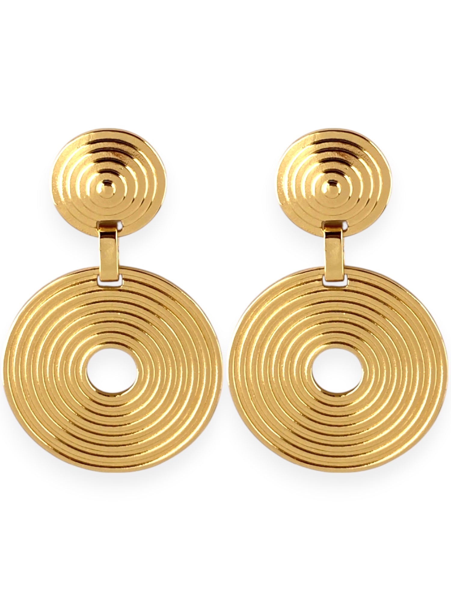 SPARROW statement earrings, molten disk rounds connected by sleek link, retro-inspired design with a modern edge, bold fashion jewelry for women, unique gift for her, trendy earrings