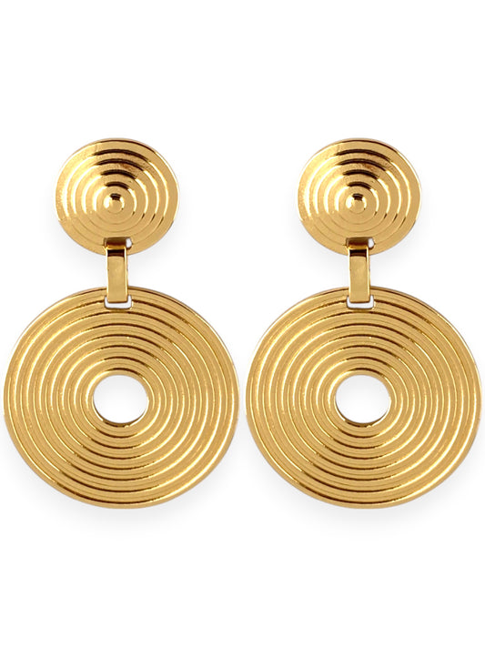 SPARROW statement earrings, molten disk rounds connected by sleek link, retro-inspired design with a modern edge, bold fashion jewelry for women, unique gift for her, trendy earrings