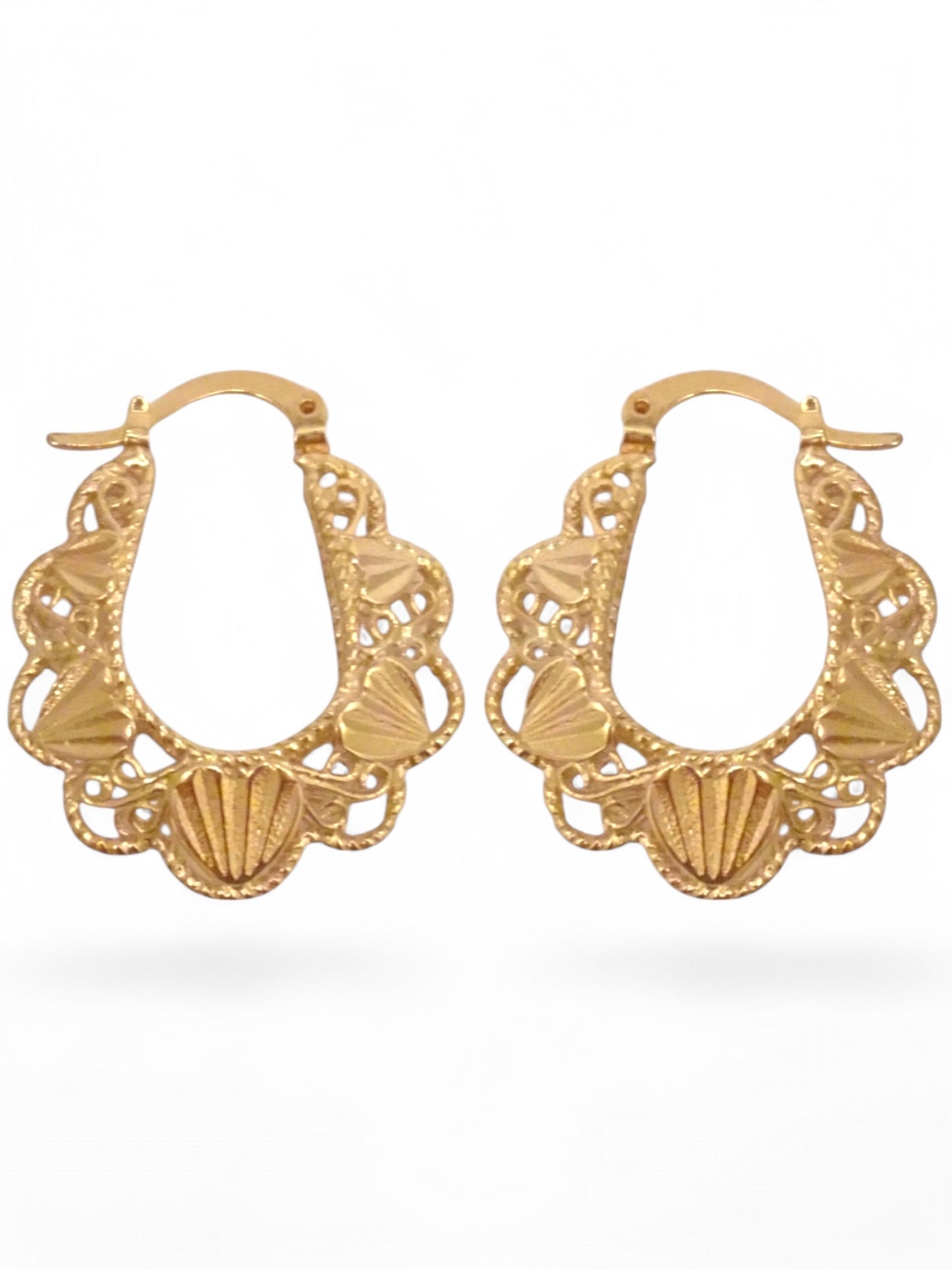 SPARROW basket style hoop earrings with filigree and heart detail, trendy gold jewelry for women, perfect gift for her birthday, Valentine's Day, fashion accessories for her