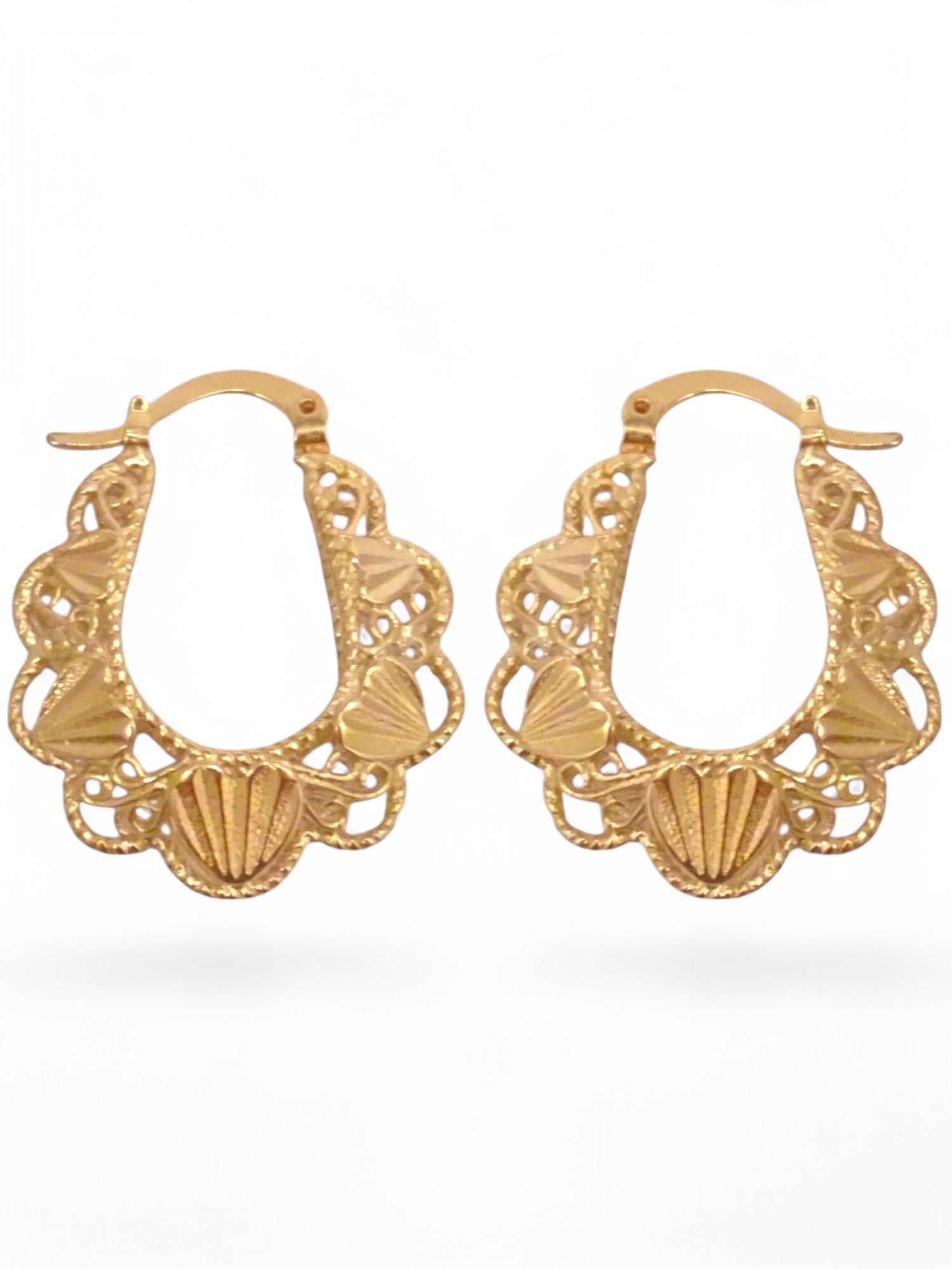 SPARROW basket style hoop earrings with filigree and heart detail, trendy gold jewelry for women, perfect gift for her birthday, Valentine's Day, fashion accessories for her