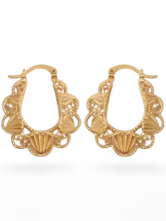 SPARROW basket style hoop earrings with filigree and heart detail, trendy gold jewelry for women, perfect gift for her birthday, Valentine's Day, fashion accessories for her