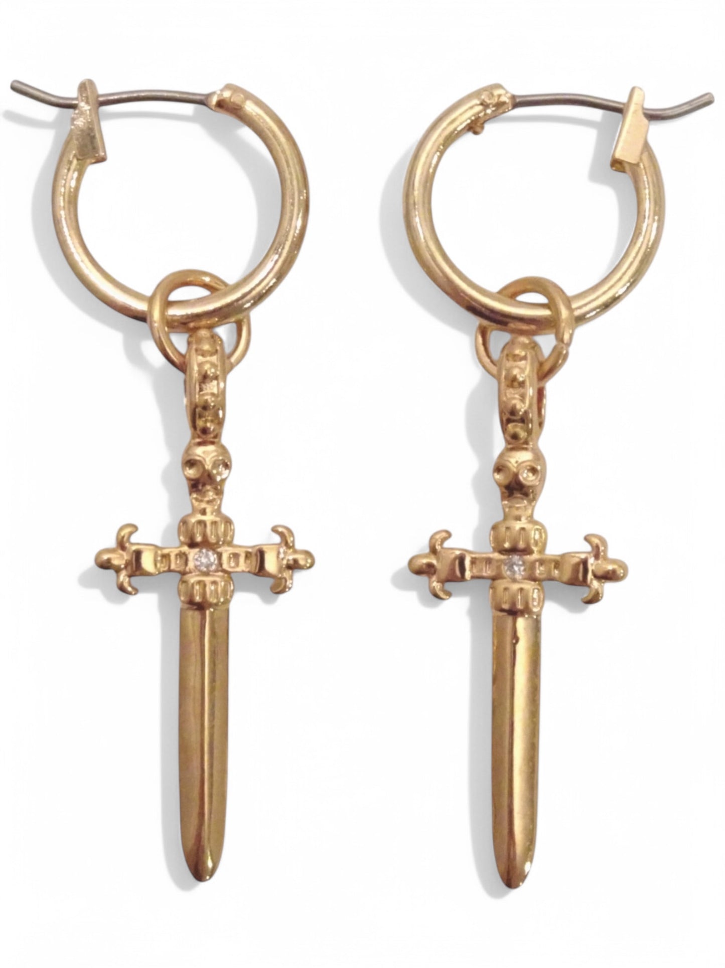 dagger earrings, sword earrings, dangle cross earrings, cross hoop earrings, dangle cross earrings for mens, gothic earrings, grunge earrings, Kinsley dagger earrings Vanessa mooney, Alexandra hoop earrings Vanessa mooney, Amparo rosary earrings