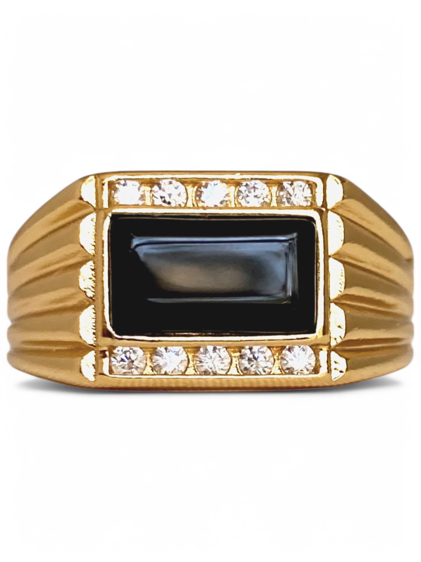 SPARROW unisex gold-plated brass ring with rectangular black onyx stone and channel CZ stones, statement ring, bold jewelry, men's and women's fashion accessory, Child of Wild Levi Onyx Ring