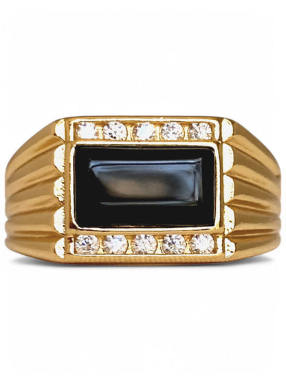 SPARROW unisex gold-plated brass ring with rectangular black onyx stone and channel CZ stones, statement ring, bold jewelry, men's and women's fashion accessory, Child of Wild Levi Onyx Ring