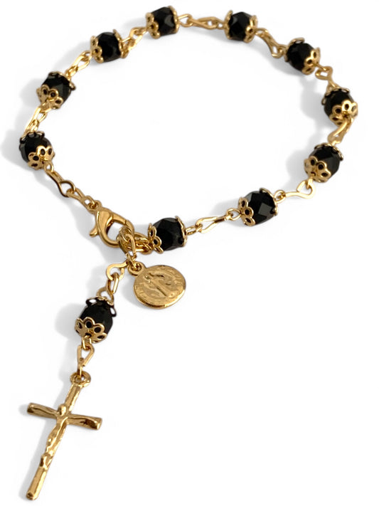 SPARROW rosary-style bracelet, black faceted cubic zirconia stones, Cross bracelet, Vanessa Mooney Rosary, Vanessa Mooney Rosary bracelet, Vanessa Mooney THE BLANCHE BRACELET
