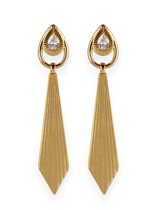 SPARROW boho statement earrings, teardrop post with CZ stone, sleek metal pendant with sunbeam accents, sun-inspired earrings, unique fashion jewelry for women, trendy gift for her