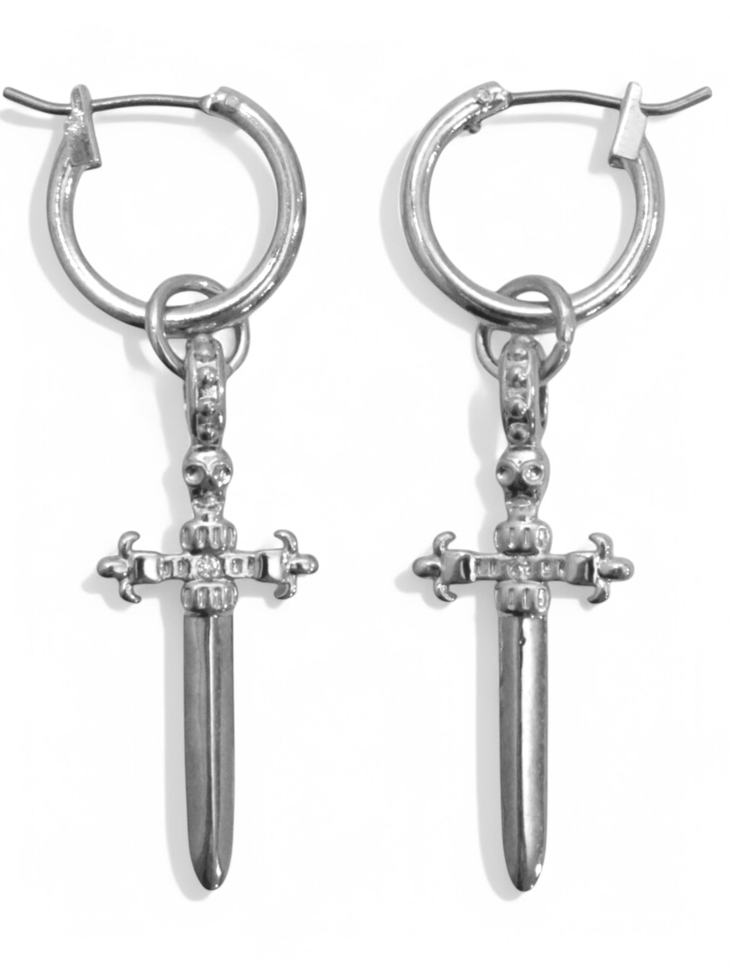 silver dagger earrings, gothic earrings, alternative earrings, punk statement earrings, edgy earrings, festival earrings, Halloween earrings, unisex earrings, silver jewelry, Vanessa mooney Amparo earrings, Alexandra hoop earrings