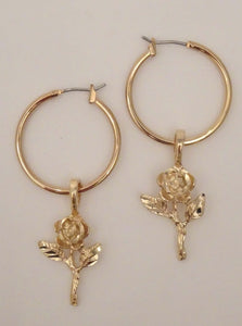 Rose flower earrings, rose flower earrings dangle, gold rose flower, rose hoop earrings, The little rose hoop earrings Vanessa mooney, rose stem hoop earrings, gold little rose hoops, flower earrings gold, flower hoop earrings, rose dangle earrings