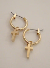 Load image into Gallery viewer, cross earrings, cross earrings men, cross earrings dangle, cross earrings aesthetic grunge, cross earrings gold, cross earrings silver, gothic grunge earrings, cross hoop earrings, cross hoop earrings men, teresa cross hoop earrings Vanessa mooney 
