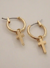 Load image into Gallery viewer, cross earrings, cross earrings men, cross earrings dangle, cross earrings aesthetic grunge, cross earrings gold, cross earrings silver, gothic grunge earrings, cross hoop earrings, cross hoop earrings men, teresa cross hoop earrings Vanessa mooney 
