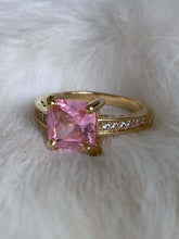 Load image into Gallery viewer, Vanessa Mooney the future ring pink, the romance ring, pink ring, pink rings simple, pink ring light, pink ring gold, light pink ring, pink cz ring, pink cz jewelry, pink square ring, square pink stone ring, pink square ring diamond ring
