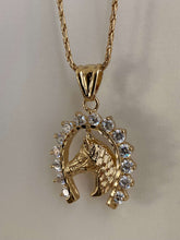 Load image into Gallery viewer, Horseshoe necklace, horseshoe necklace gold, horseshoe gold pendant, lucky horseshoe, Cubic Zirconia horseshoe, horse shoe necklace gold, horse shoe necklace simple, horse shoe necklace cowgirl, Vanessa mooney horseshoe necklace 
