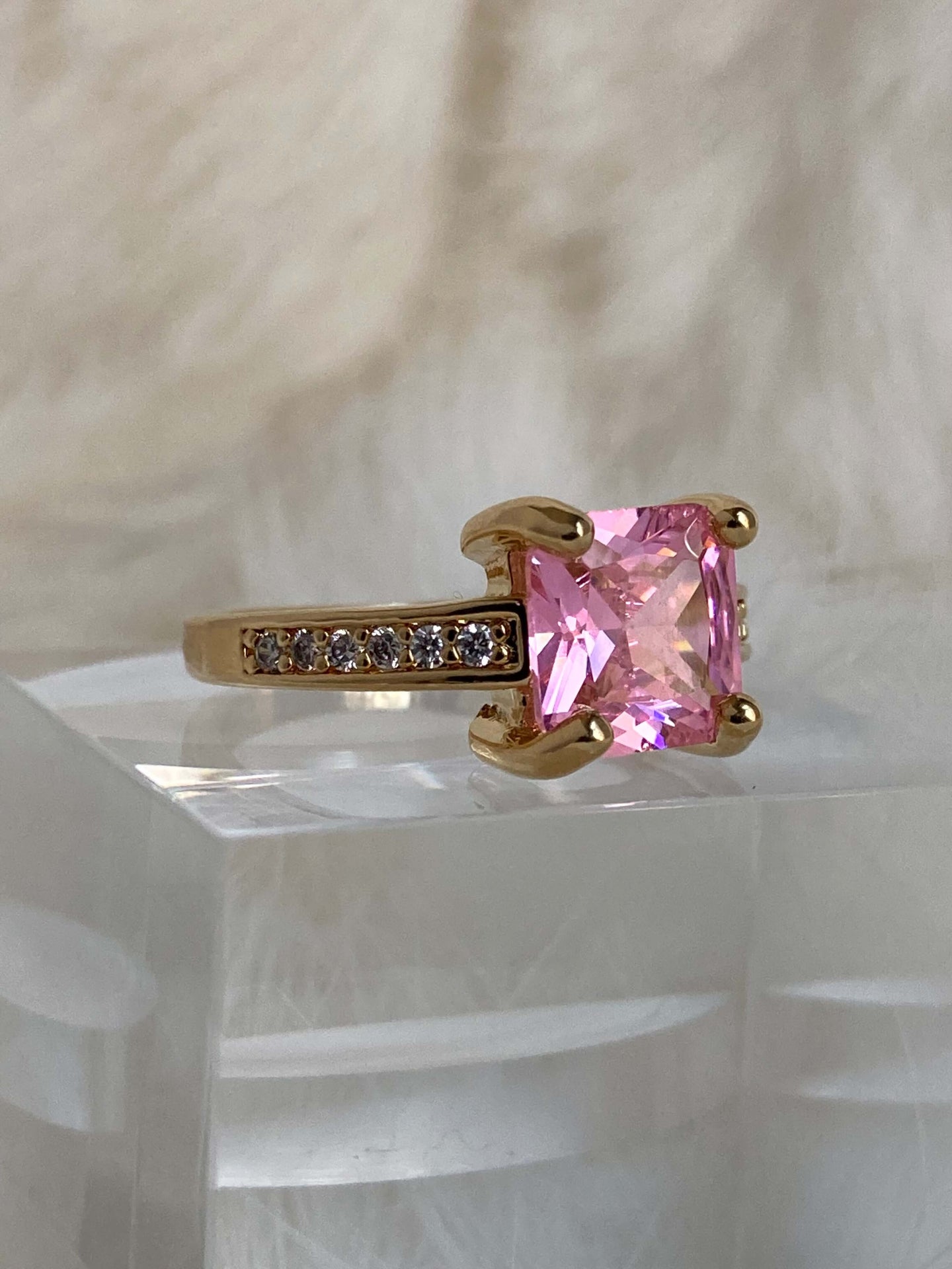 Vanessa Mooney the future ring pink, the romance ring, pink ring, pink rings simple, pink ring light, pink ring gold, light pink ring, pink cz ring, pink cz jewelry, pink square ring, square pink stone ring, pink square ring diamond ring