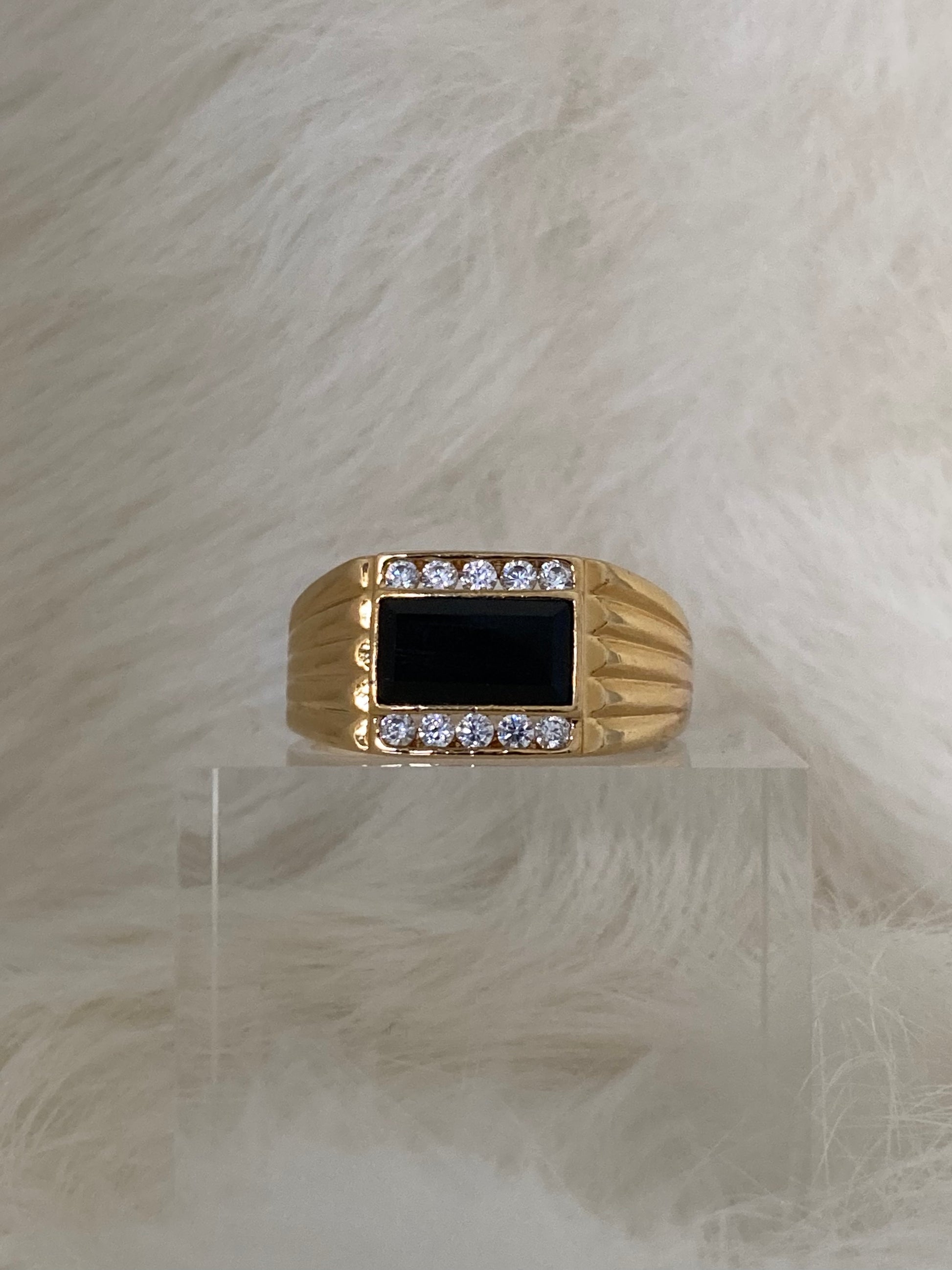 SPARROW unisex gold-plated brass ring with rectangular black onyx stone and channel CZ stones, statement ring, bold jewelry, men's and women's fashion accessory, Child of Wild Levi Onyx Ring