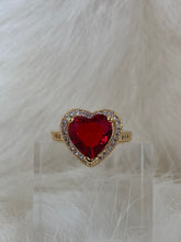 Load image into Gallery viewer, Vanessa Mooney the cherry heart ring gold, Vanessa mooney ruby, ruby ring, ruby ring gold, ruby ring simple, ruby rings women, ruby ring gold unique, ruby heart ring, gold ruby heart ring, ruby CZ heart ring, red ruby heart shaped ring, red heart ring
