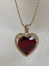 Load image into Gallery viewer, Vanessa Mooney MINI HEART NECKLACE RUBY, Vanessa Mooney ruby heart necklace gold, ruby heart necklace, red ruby heart necklace, CZ red ruby heart necklace, gold heart necklace, ruby crystal heart shaped necklace, red heart necklace
