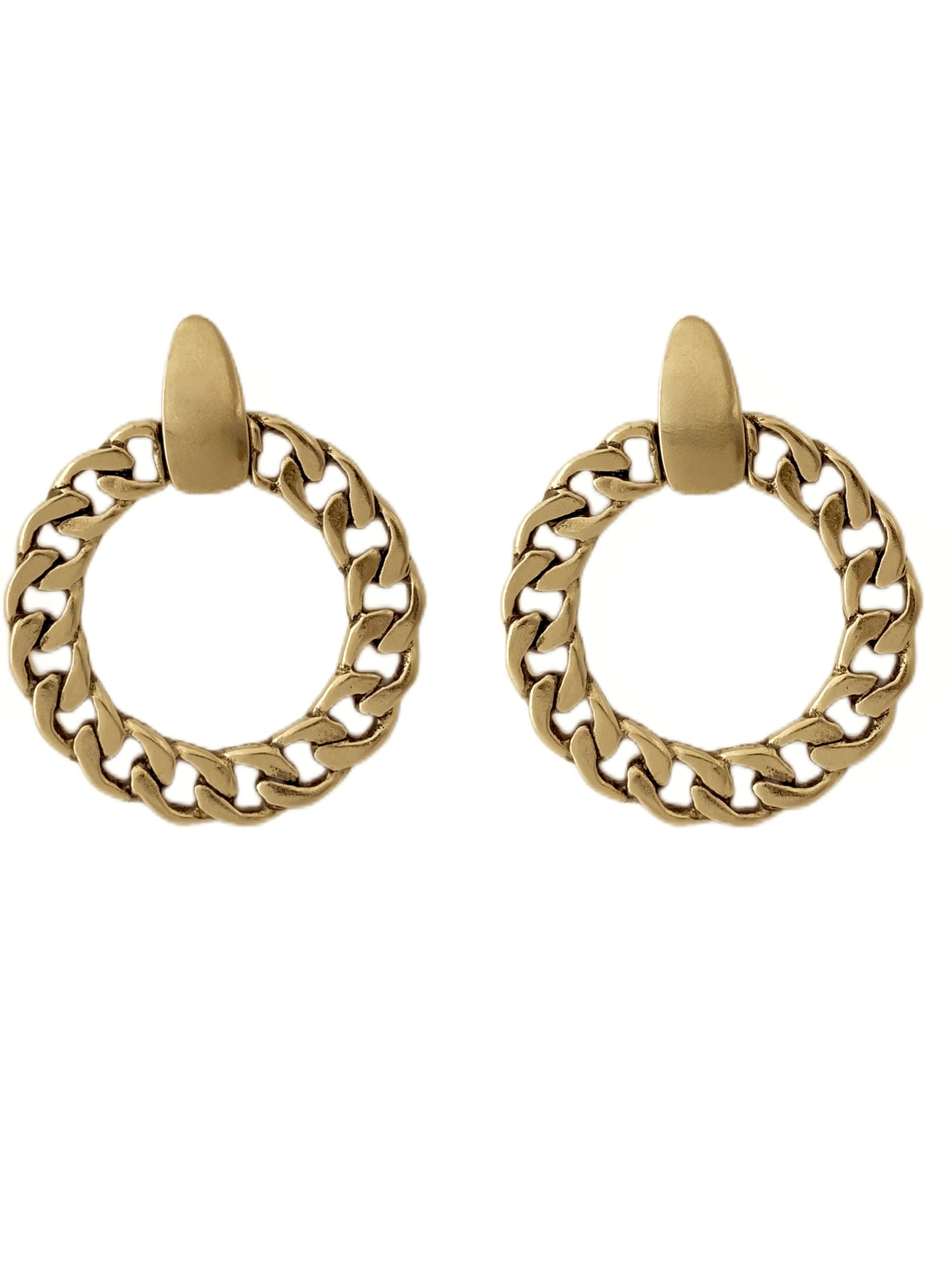 Vanessa mooney chain link earrings, gold chain hoop earrings, silver chain link earrings, flattened chain link hoops, members only monogram small gold flattened chain hoops, Vanessa Mooney members only hoops