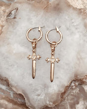 Load image into Gallery viewer, dagger earrings, sword earrings, dangle cross earrings, cross hoop earrings, dangle cross earrings for mens, gothic earrings, grunge earrings, Kinsley dagger earrings Vanessa mooney, Alexandra hoop earrings Vanessa mooney, Amparo rosary earrings
